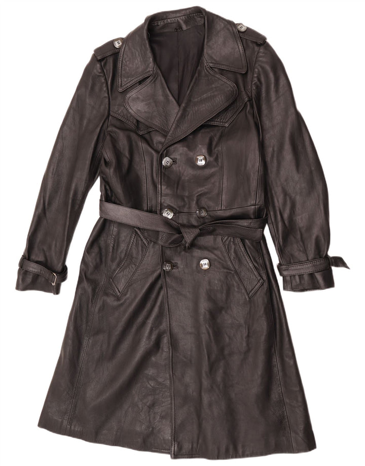 Vintage Herren Doppelreihiger Leder-Trenchcoat UK 36 Small Schwarz
