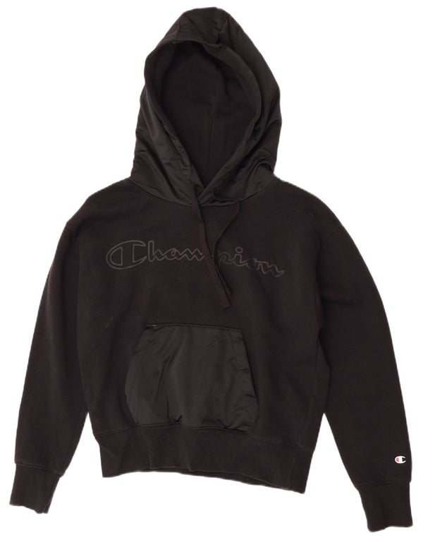 Champion Womens Crop Graphic Oversized Hoodie Pullover UK 10 Small Schwarz