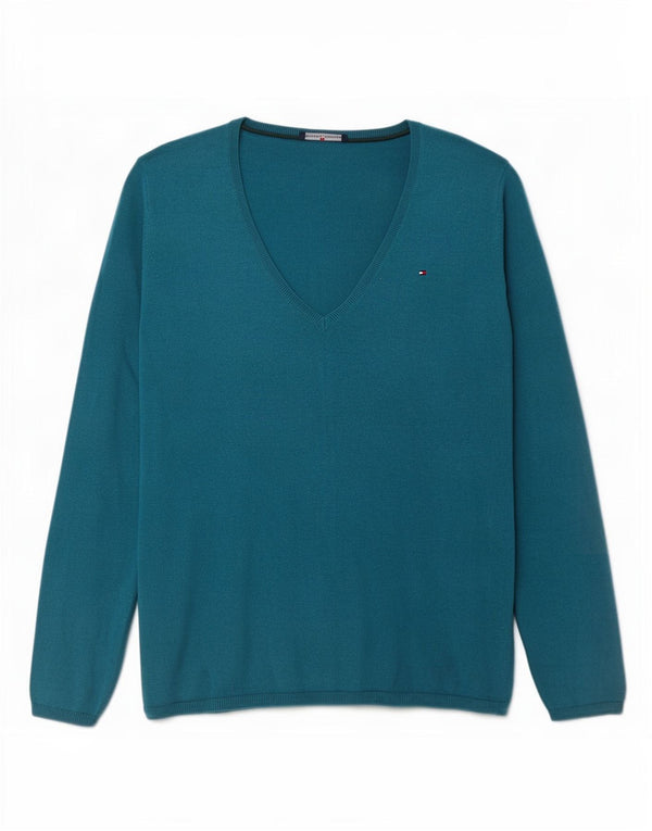 Tommy Hilfiger Damen-Pullover mit V-Ausschnitt, Gr. 18, XL, blaue Wolle