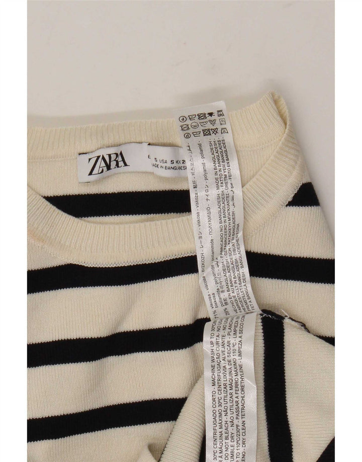 Zara Damen Crop Bluse Top UK 8 Small Off White Gestreifte Viskose