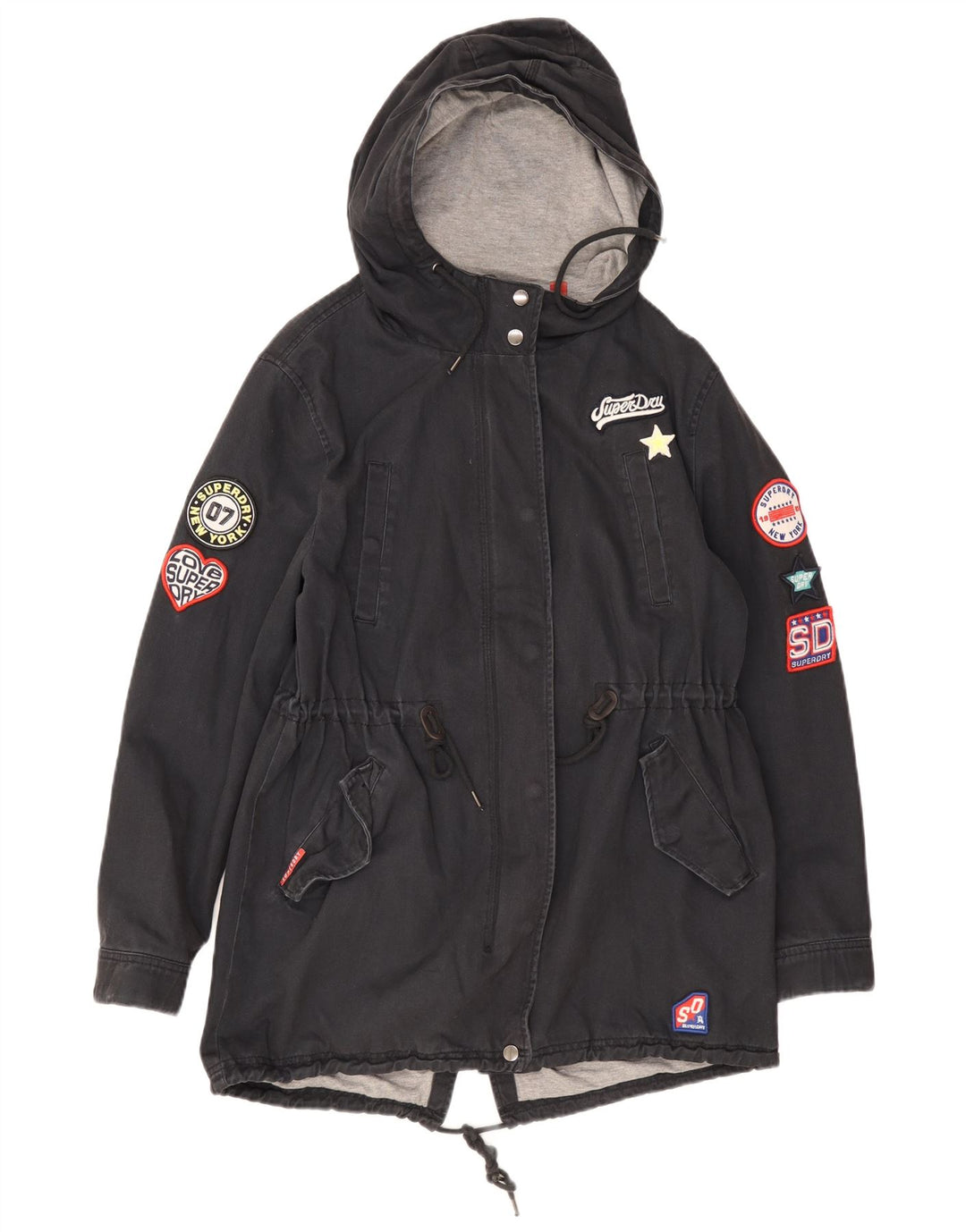Superdry Damen-Parka mit grafischer Kapuze, UK 12, mittelmarineblaue Baumwolle