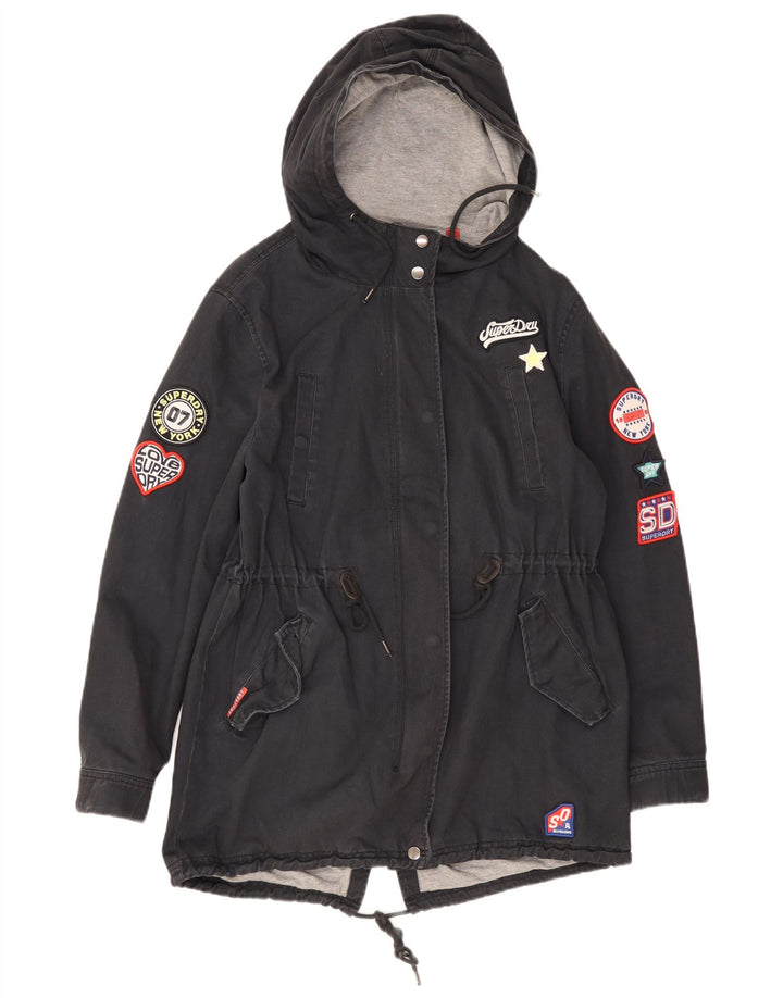 Superdry Damen-Parka mit grafischer Kapuze, UK 12, mittelmarineblaue Baumwolle