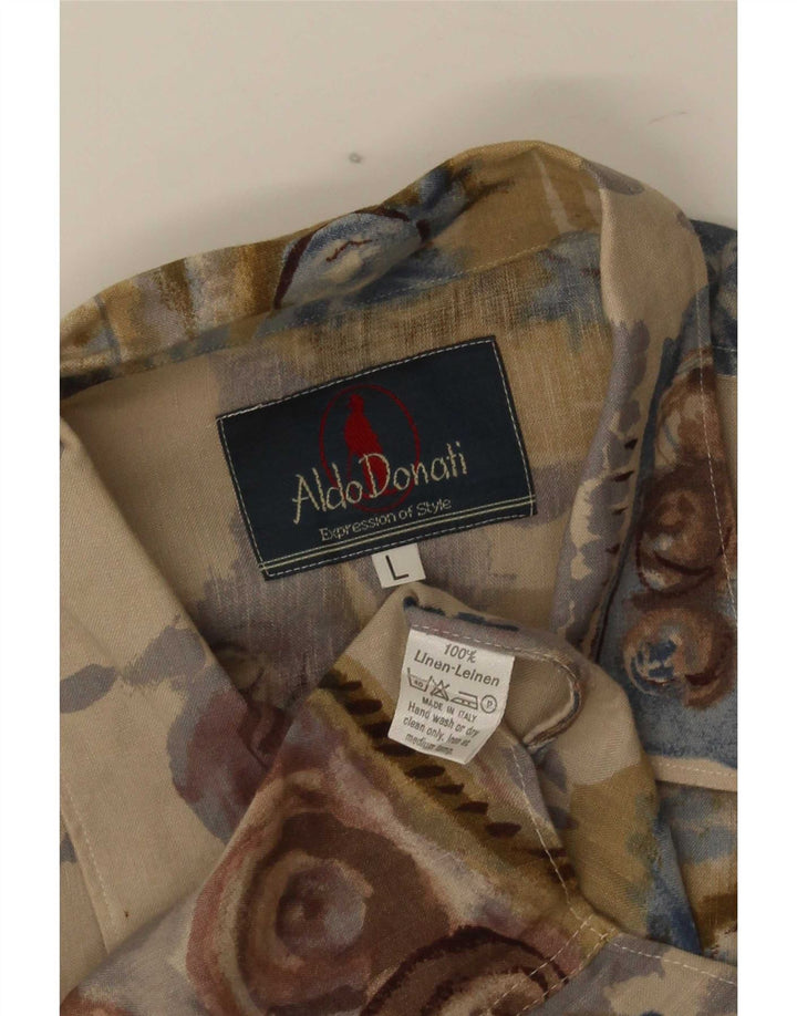 Vintage Herren-Kurzarmhemd mit abstraktem Muster, großes Beige-Leinen