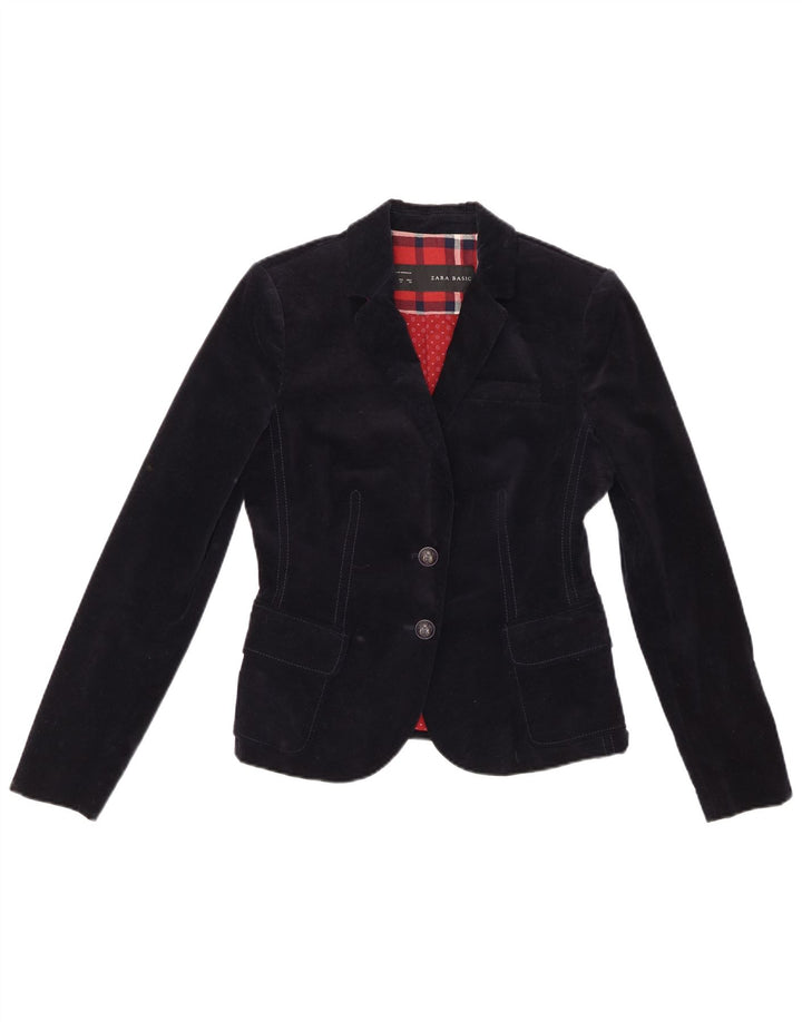 Zara Damen 2-Knopf-Samt-Blazer-Jacke, UK 12, mittelmarineblaue Baumwolle