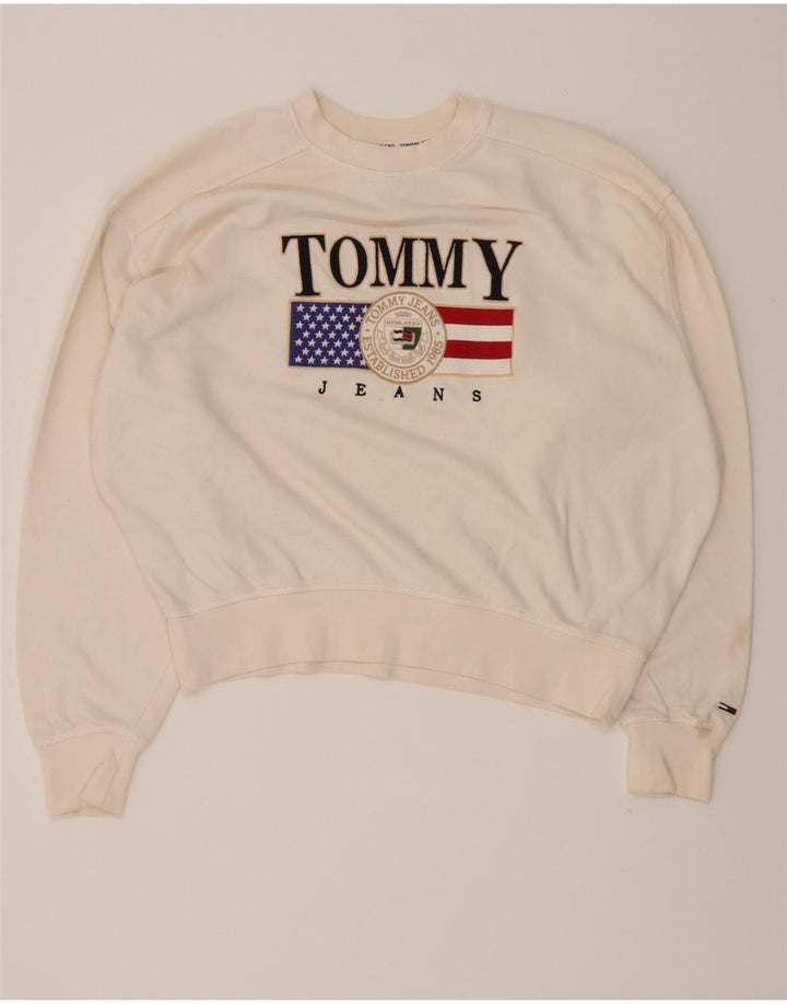 TOMMY HILFIGER Womens Graphic Sweatshirt Jumper UK 10 Small Off White Vintage Tommy Hilfiger and Second-Hand Tommy Hilfiger from Messina Hembry 