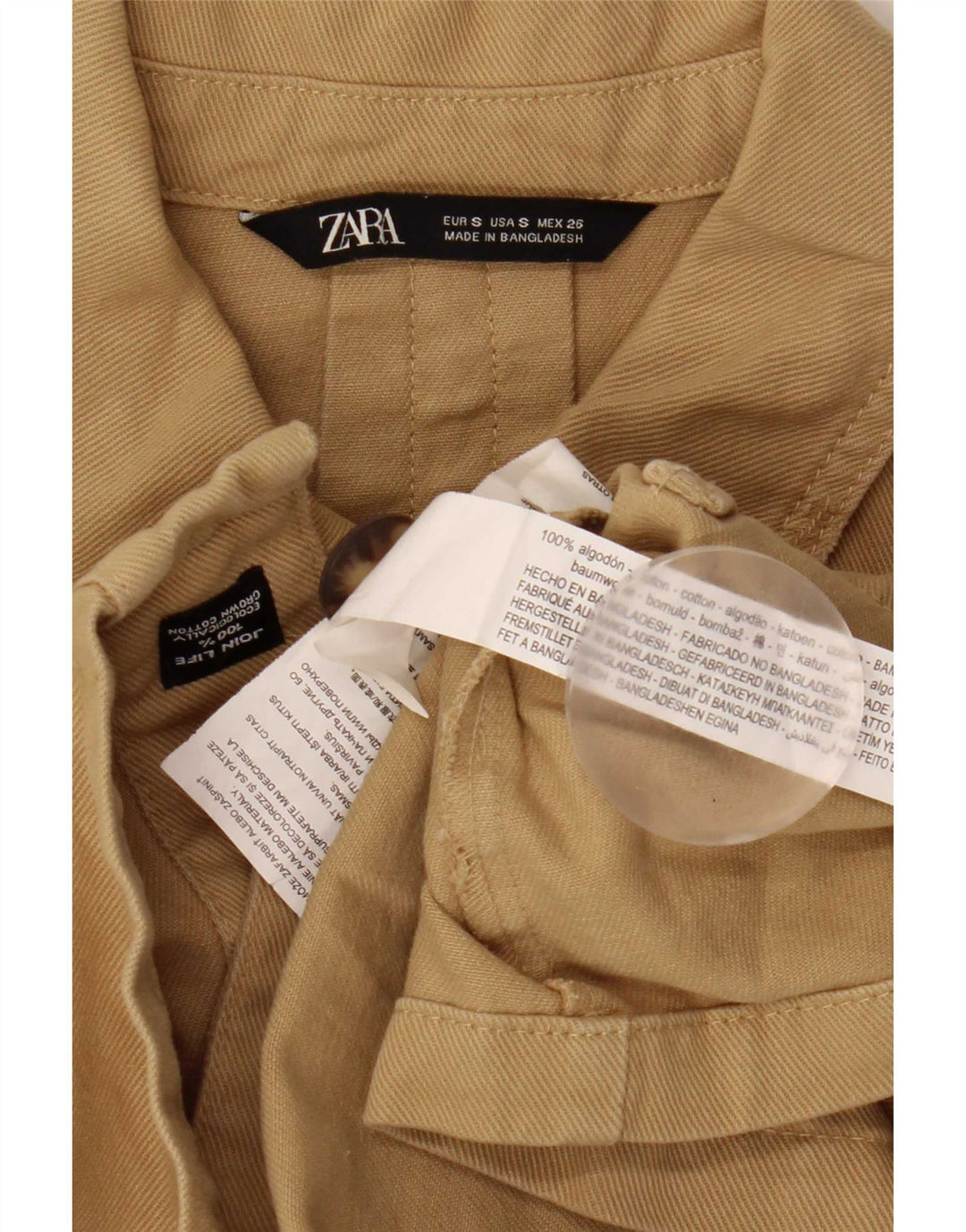 Zara Damen 3/4-Ärmel übergroße Utility-Jacke UK 10 Small Beige Baumwolle