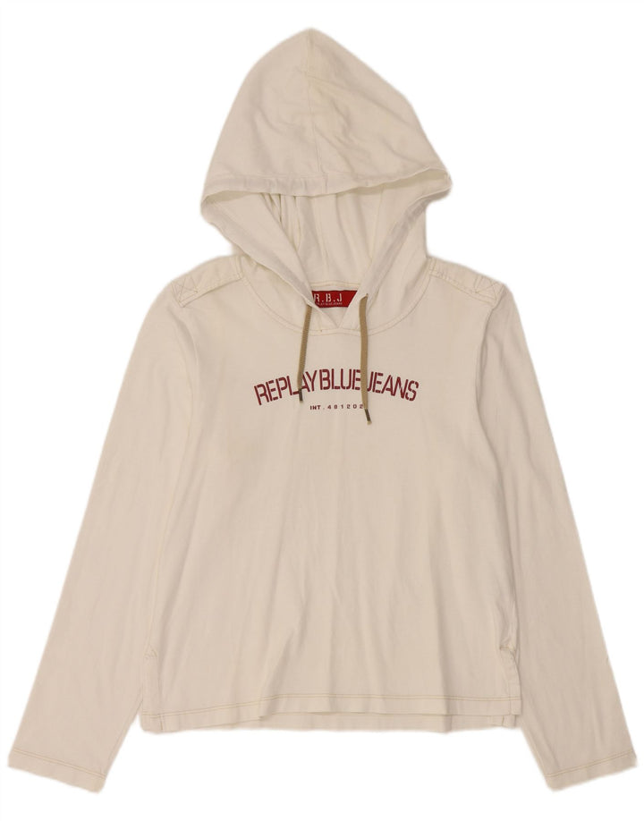 REPLAY Damen-Oberteil mit Kapuze und Grafik, langärmlig, UK 14, Größe L, weiße Baumwolle