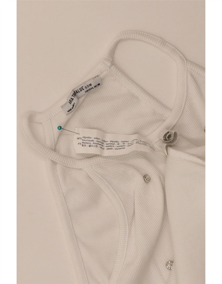 Zara Damen Crop Neckholder Top UK 14 Large Weiß gepunktete Baumwolle