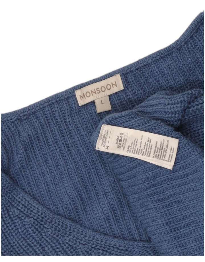 Monsoon Damen-Pullover mit V-Ausschnitt, übergroß, Größe 40, Größe L, Blau, Baumwolle