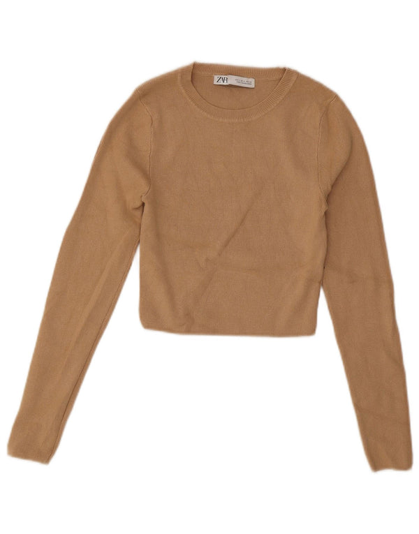Zara Damen Pullover mit bauchfreiem U-Boot-Ausschnitt, Gr. 8, Beige, Viskose