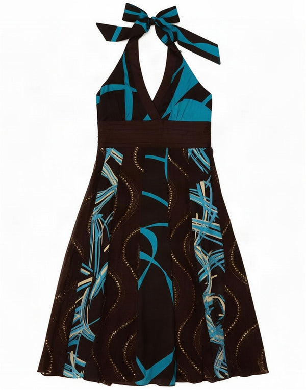 Monsoon Womens Abstract Pattern Neckholder-Kleid UK 12 Mittelbraune Seide