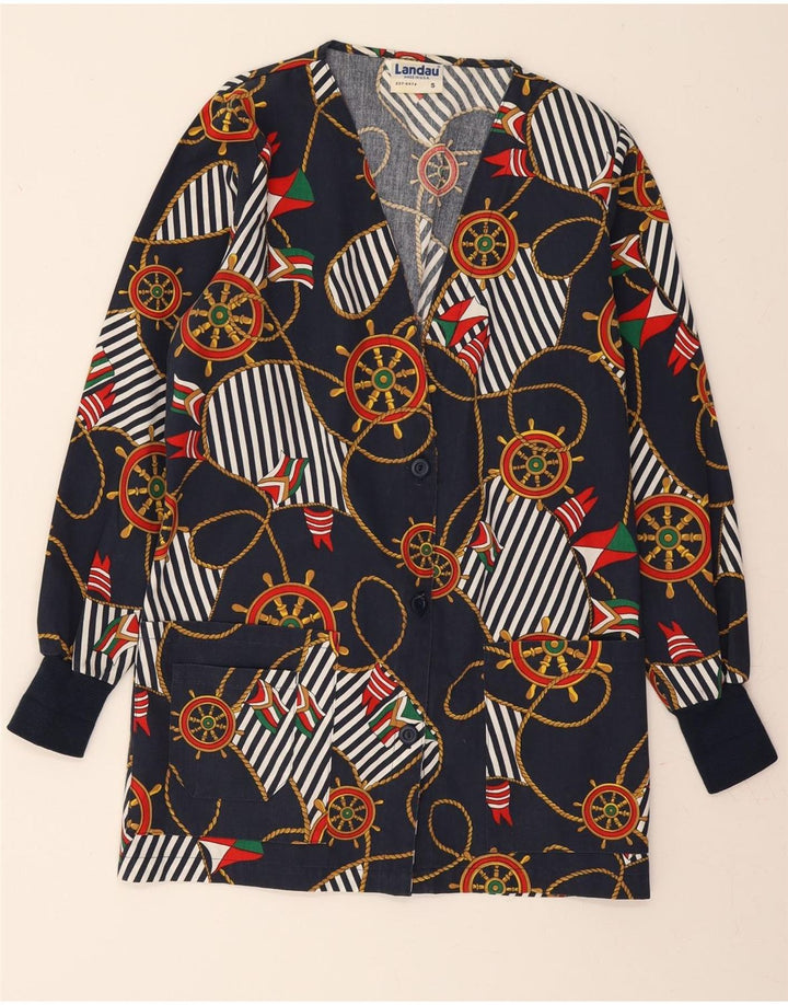 VINTAGE Womens Abstract Pattern Blazer Jacket UK 10 Small Navy Blue Vintage Vintage and Second-Hand Vintage from Messina Hembry 