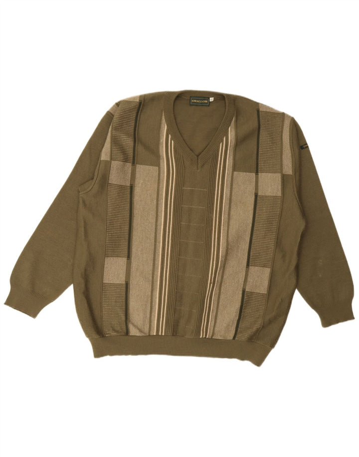 Swallow Herren-Pullover mit V-Ausschnitt, 2XL, Khaki, Colourblock-Wolle