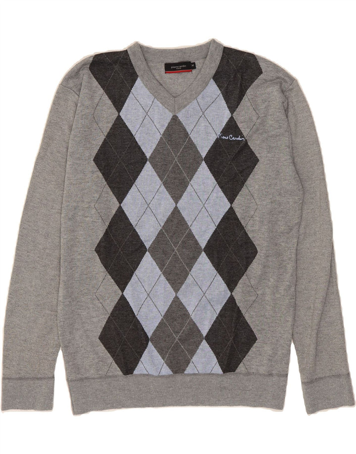 PIERRE CARDIN Mens Paris V-Neck Jumper Sweater Medium Grey Argyle/Diamond Vintage Pierre Cardin and Second-Hand Pierre Cardin from Messina Hembry 