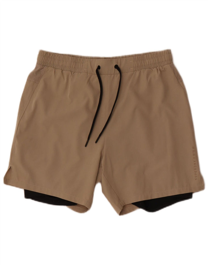 Superdry Herren-Sportshorts aus mittelbeigefarbenem Farbblock-Polyester