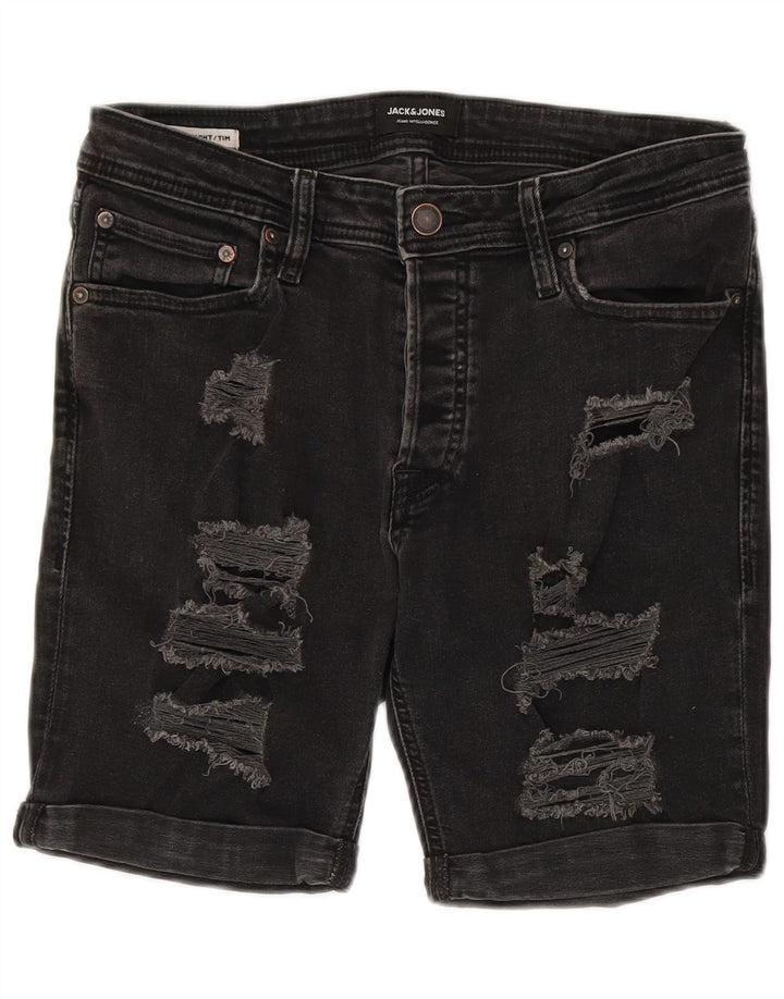 Jack & Jones Herren Tim Distressed Denim Shorts Medium W30 Schwarz Baumwolle