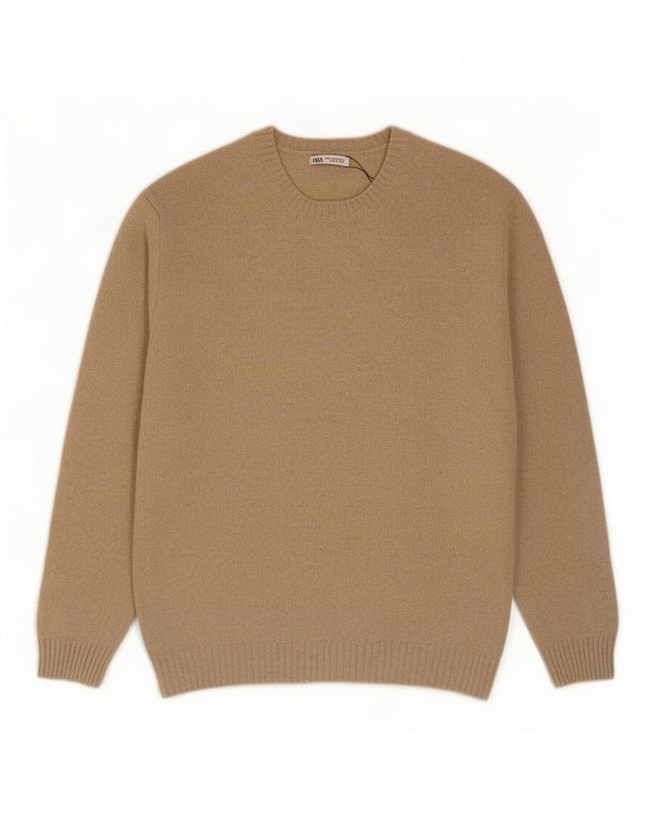 Zara Herren-Pullover mit Rundhalsausschnitt, XL, beige Wolle