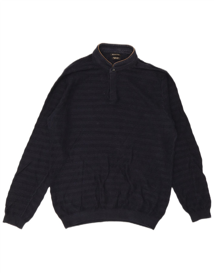 Massimo Dutti Herren-Pullover mit Knopfkragen, groß, marineblau gestreift