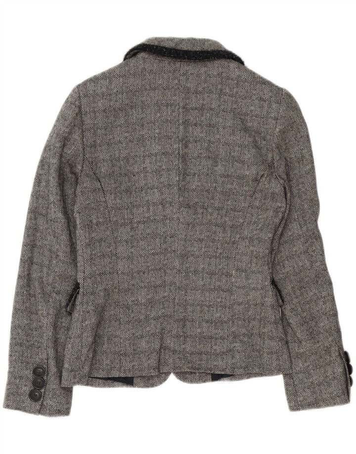 VINTAGE Womens 3 Button Blazer Jacket UK 10 Small Grey Herringbone Linen