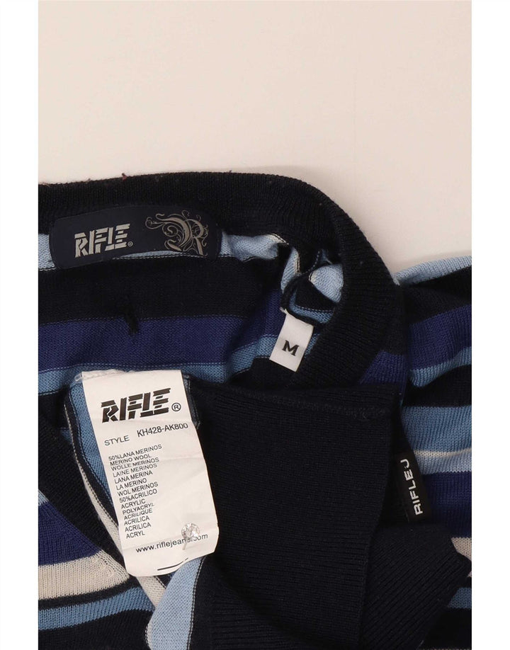 Rifle Herren-Pullover mit V-Ausschnitt aus mittelblauer, gestreifter Wolle