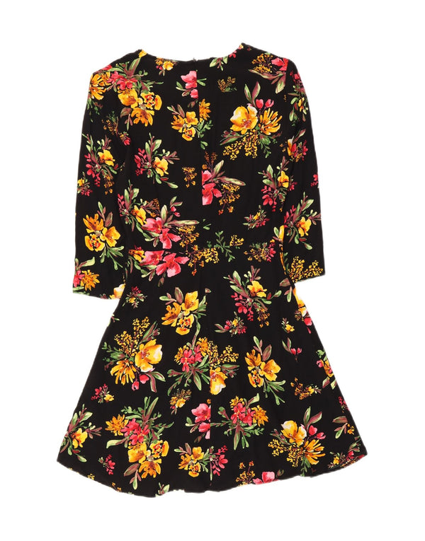 Zara Damen 3/4-Ärmel A-Linien-Kleid UK 4 XS Schwarz geblümte Viskose