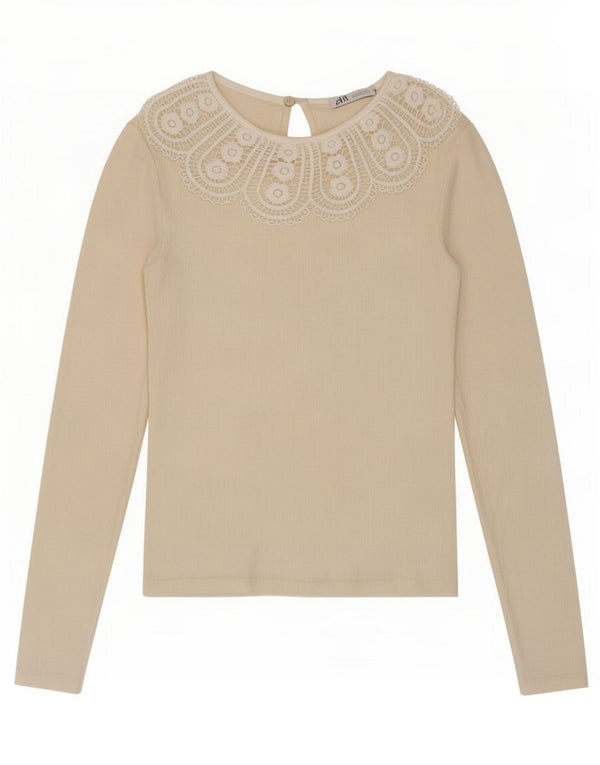 Zara Damen Crop Top Langarm UK 8 Small Beige