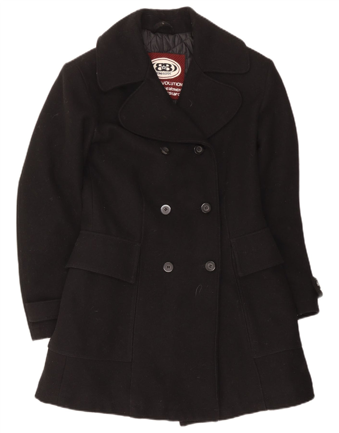 Bomb Boogie Damen Zweireihiger Mantel UK 10 Small Schwarze Wolle