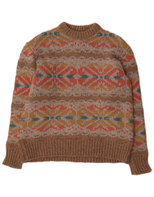 Vintage Damen Rundhalspullover Pullover UK 14 Groß Braun Fair Isle