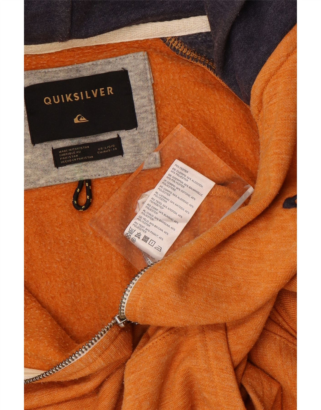 QUIKSILVER Damen-Kapuzenpullover mit Reißverschluss, UK 14, Größe L, Orange, Colourblock-Baumwolle
