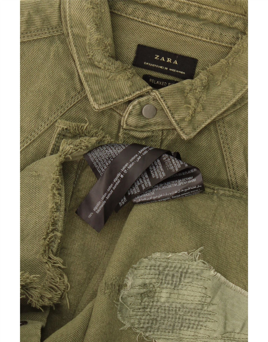 ZARA Herren Jeanshemd im Used-Look, entspannte Passform, klein, Khaki, Baumwolle