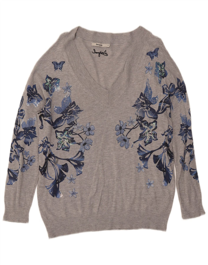 DESIGUAL Damen Pullover mit grafischem V-Ausschnitt, UK 14, Mittelgrau mit Blumenmuster