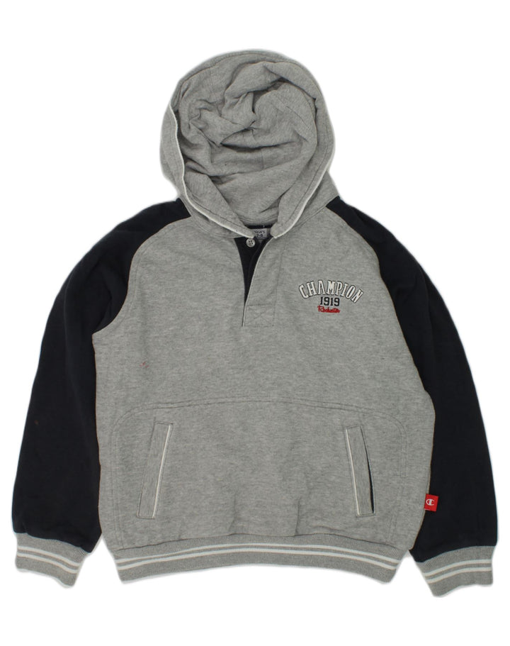 CHAMPION Boys Button Neck Hoodie Jumper 7-8 Years Small  Grey Colourblock | Vintage Champion | Thrift | Second-Hand Champion | Used Clothing | Messina Hembry 