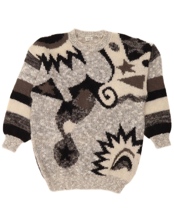 Vintage Herren Pullover mit Rundhalsausschnitt, UK 42/44, groß, grau, geometrisch