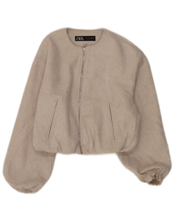 Zara Damen Crop Übergroße Bomberjacke UK 10 Small Beige Polyester