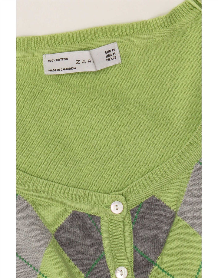 Zara Damen-Cardigan-Pullover UK 12 Mittelgrüne Argyle-/Diamant-Baumwolle