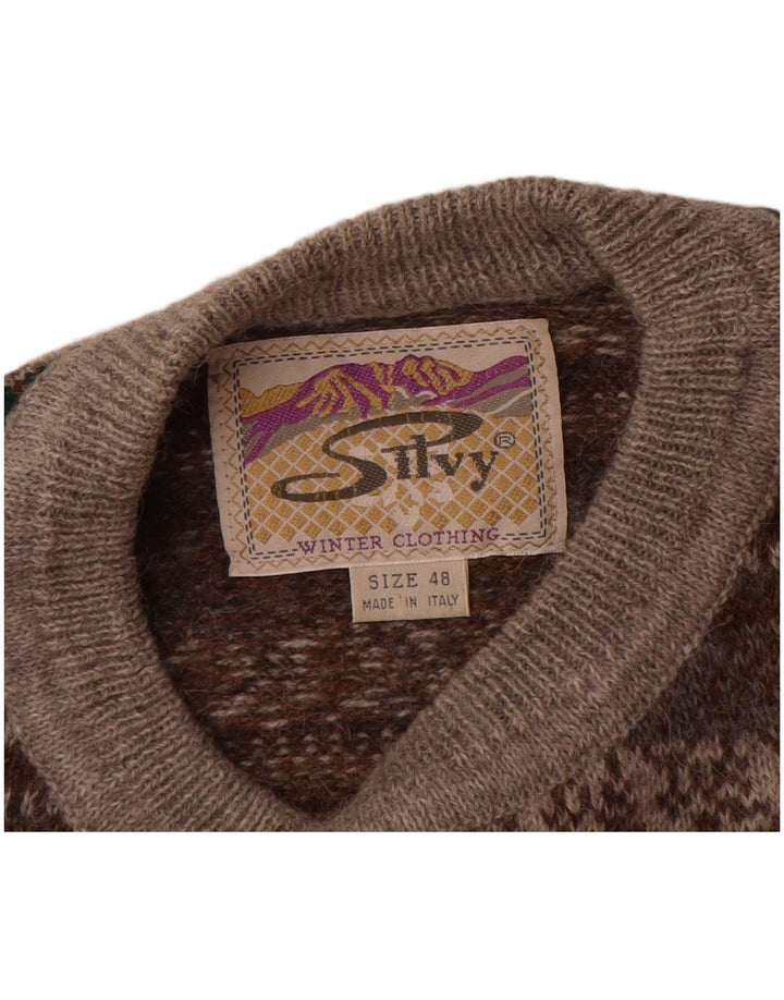 Silvy Herren-Pullover mit Rundhalsausschnitt, Größe 48, mittelgraue Fair-Isle-Alpakawolle
