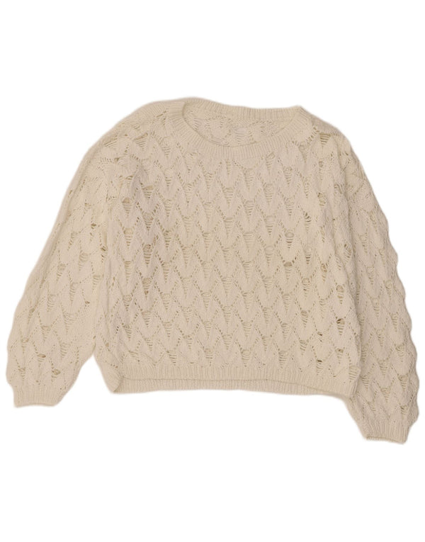 Vintage Damen Crop Häkelpullover mit U-Boot-Ausschnitt, UK 14, Groß, Weiß