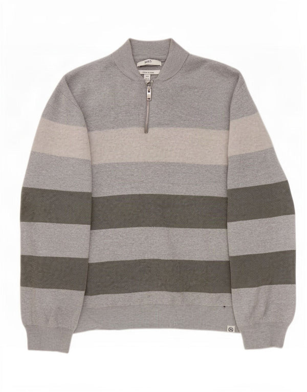 Marks & Spencer Herren-Pullover mit Reißverschluss am Hals, 3XL, grau gestreift, Baumwolle