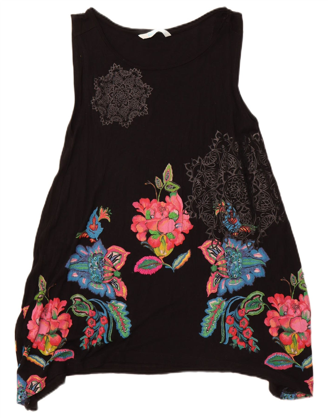 Desigual Damen ärmelloses Tunika-Top, UK-Größe 44, Größe L, Schwarz, Blumenmuster