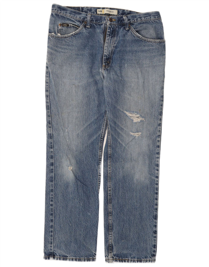 LEE Herren Distressed Straight Jeans W36 L30 Blaue Baumwolle