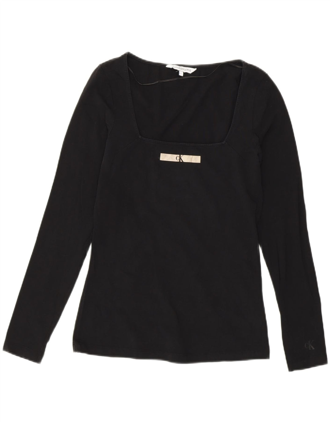 Calvin Klein Damen Graphic Top Langarm UK 14 Mittelschwarze Baumwolle
