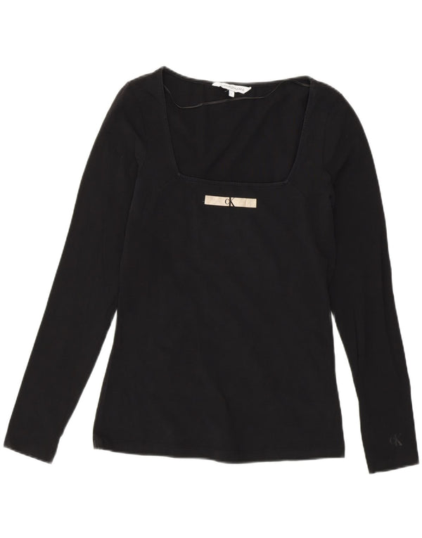 Calvin Klein Damen Graphic Top Langarm UK 14 Mittelschwarze Baumwolle