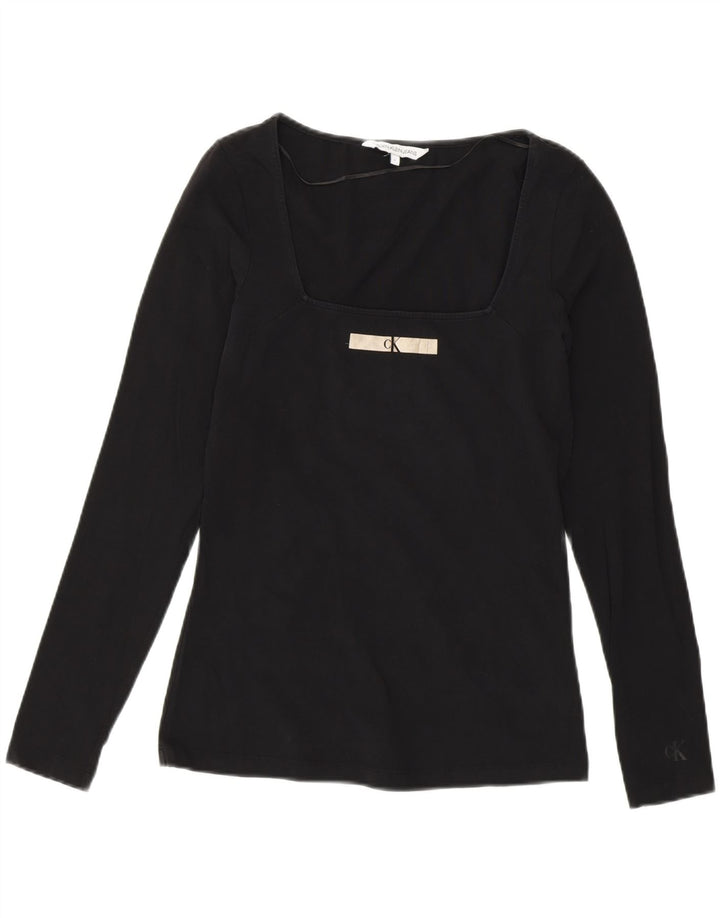 Calvin Klein Damen Graphic Top Langarm UK 14 Mittelschwarze Baumwolle