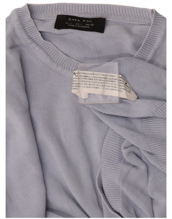 Zara Herren-Pullover mit Rundhalsausschnitt, groß, aus blauer Baumwolle