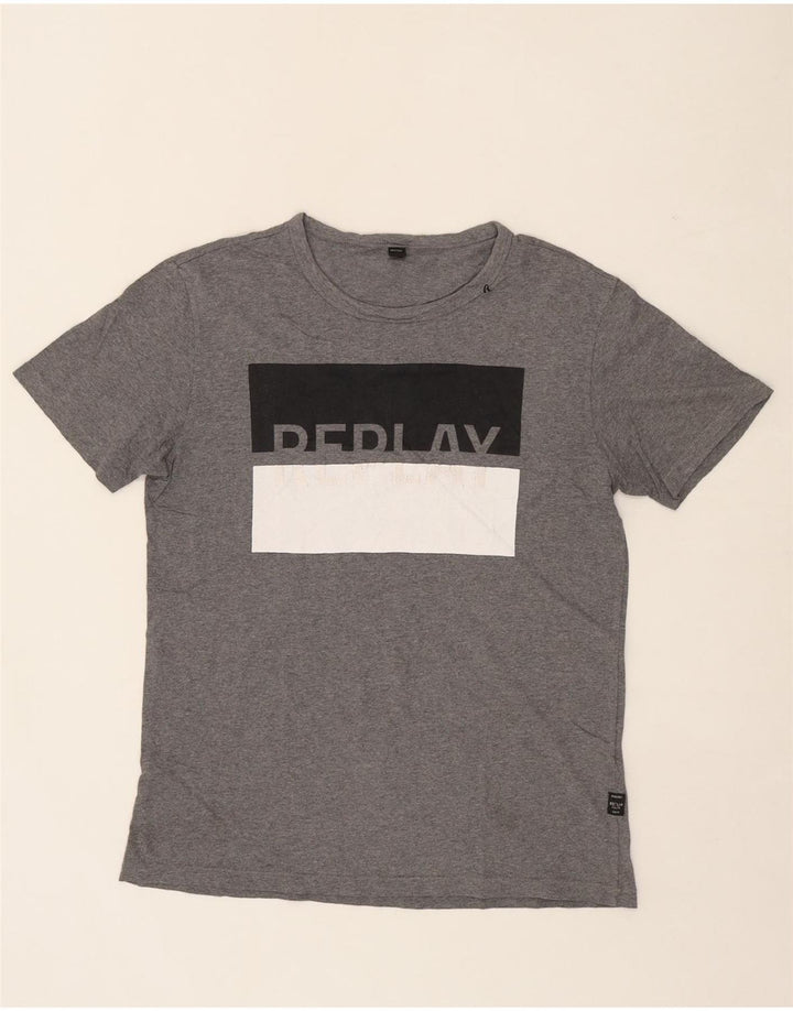 REPLAY Mens Graphic T-Shirt Top Large Grey Cotton Vintage Replay and Second-Hand Replay from Messina Hembry 