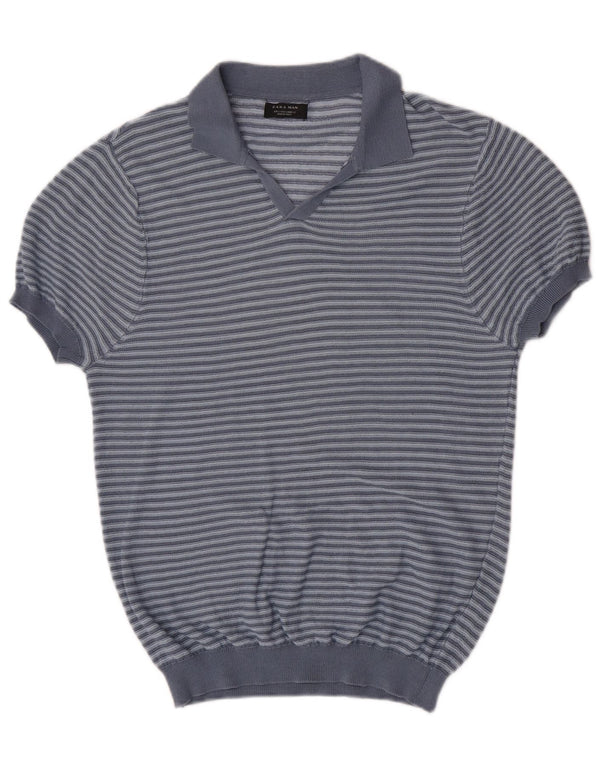 Zara Herren-Pullover mit Polokragen, kurzärmelig, groß, blau gestreift