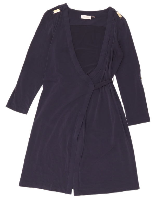 Calvin Klein Damen Langarm-Wickelkleid UK 14 Medium Marineblau Polyester