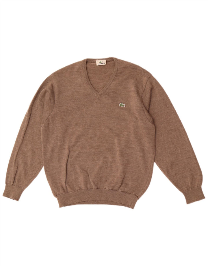 Lacoste Herren-Pullover mit V-Ausschnitt, Größe 3, kleine braune Schurwolle