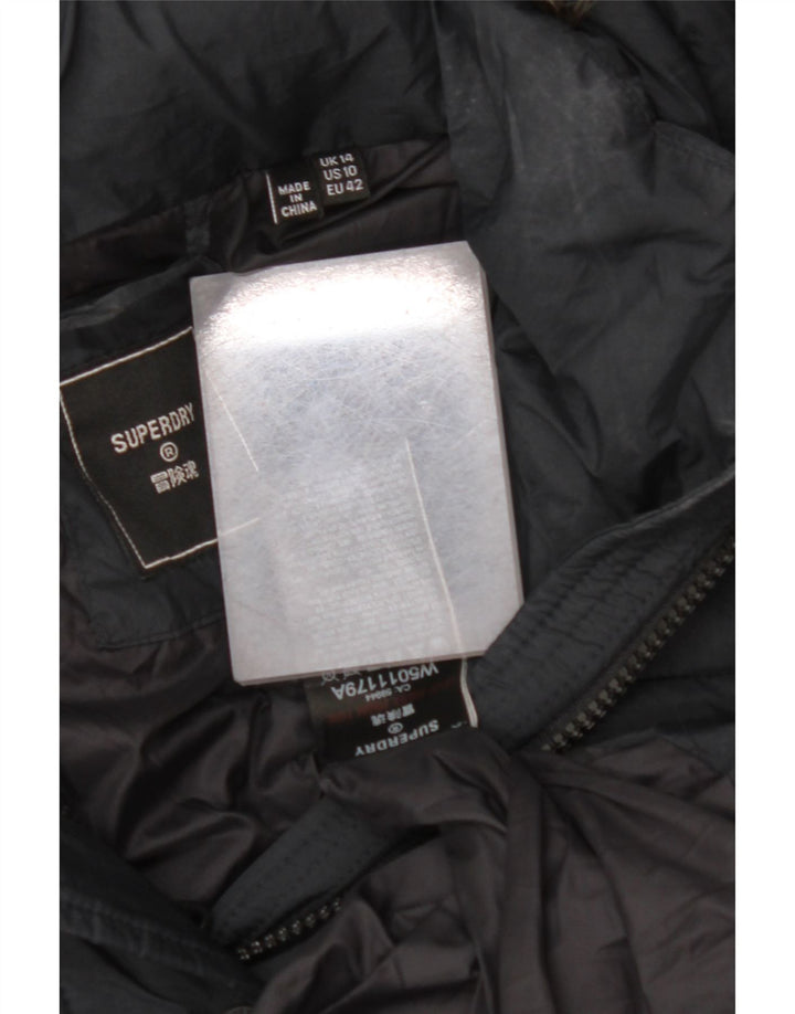 SUPERDRY Wattierter Damenmantel mit Kapuze, UK 14, Größe L, schwarzes Nylon