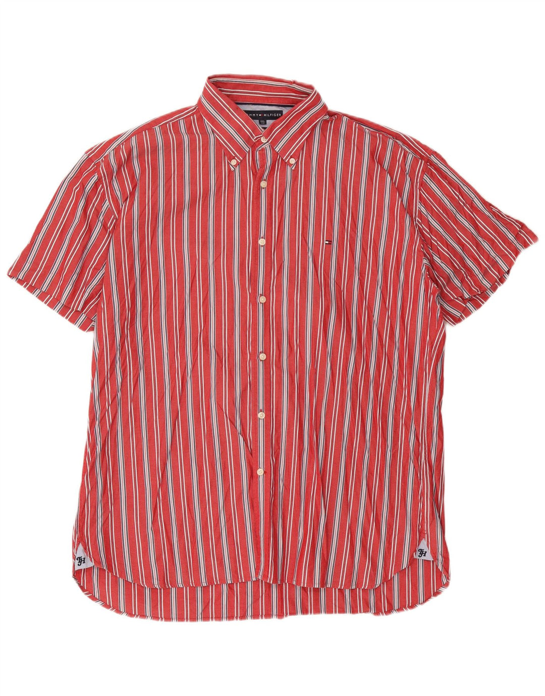 Tommy Hilfiger Herren Kurzarmhemd 2XL Rot gestreift Baumwolle 80er Jahre